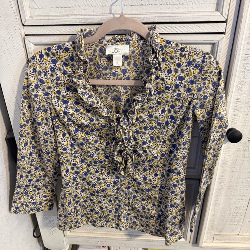 LOFT Blue and Yellow Floral Ruffle Tie-Neck Blouse